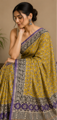 Pure Mustard Block Print Chanderi Silk Saree
