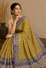 Pure Mustard Block Print Chanderi Silk Saree