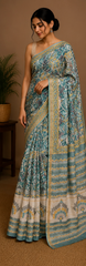 Pure Sea Green Block Print Chanderi Silk Saree