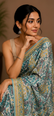 Pure Sea Green Block Print Chanderi Silk Saree