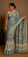 Pure Sea Green Block Print Chanderi Silk Saree