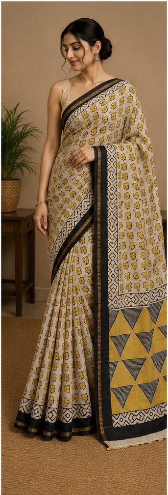 Pure Creamish Yellow Block Print Chanderi Silk Saree