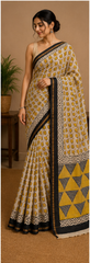 Pure Creamish Yellow Block Print Chanderi Silk Saree