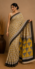 Pure Creamish Yellow Block Print Chanderi Silk Saree