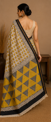 Pure Creamish Yellow Block Print Chanderi Silk Saree