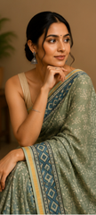 Pure Sage green Block Print Chanderi Silk Saree