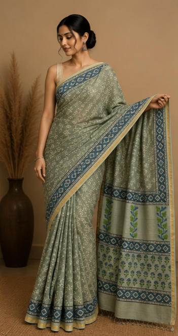 Pure Sage green Block Print Chanderi Silk Saree