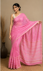 Pure Pink Block Print Chanderi Silk Saree