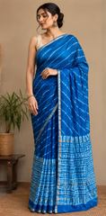 Pure Royal Blue Block Print Chanderi Silk Saree