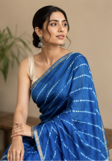 Pure Royal Blue Block Print Chanderi Silk Saree