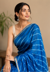 Pure Royal Blue Block Print Chanderi Silk Saree