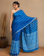 Pure Royal Blue Block Print Chanderi Silk Saree