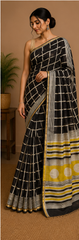 Pure Black Squares Block Print Chanderi Silk Saree