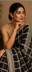 Pure Black Squares Block Print Chanderi Silk Saree