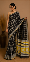 Pure Black Squares Block Print Chanderi Silk Saree