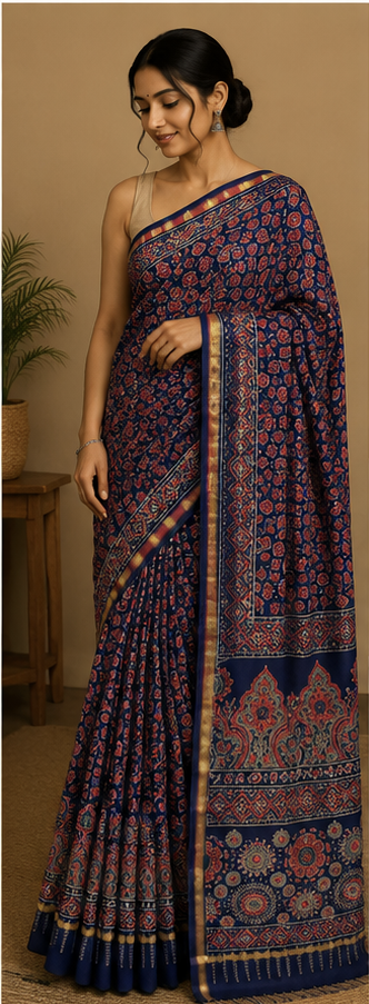 Pure Indigo Blue Block Print Chanderi Silk Saree