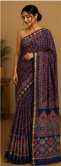 Pure Indigo Blue Block Print Chanderi Silk Saree