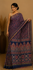 Pure Indigo Blue Block Print Chanderi Silk Saree