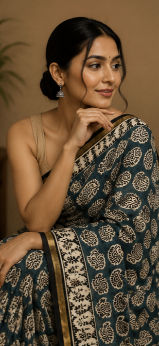 Pure Indigo Green Block Print Chanderi Silk Saree