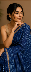 Pure Deep Blue Block Print Chanderi Silk Saree