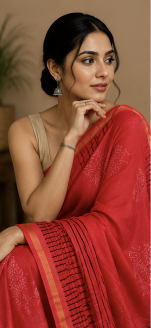 Pure Crimson Red Block Print Chanderi Silk Saree