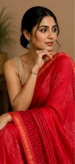 Pure Crimson Red Block Print Chanderi Silk Saree