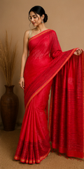 Pure Crimson Red Block Print Chanderi Silk Saree