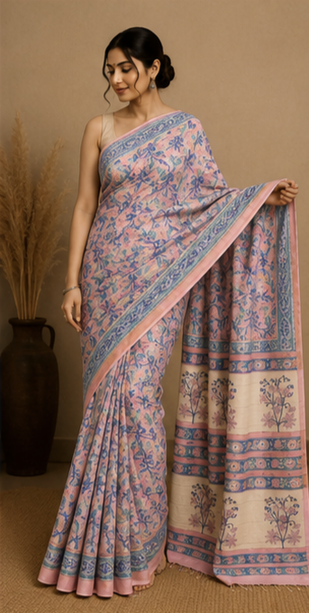 Pure Lavender Block Print Chanderi Silk Saree