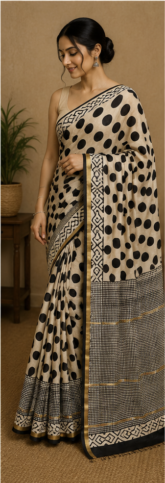 Pure Cream Dots Block Print Chanderi Silk Saree