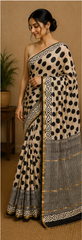 Pure Cream Dots Block Print Chanderi Silk Saree