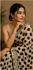 Pure Cream Dots Block Print Chanderi Silk Saree