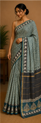 Pure Aqua Green Block Print Chanderi Silk Saree