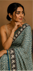 Pure Aqua Green Block Print Chanderi Silk Saree