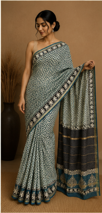 Pure Aqua Green Block Print Chanderi Silk Saree