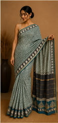 Pure Aqua Green Block Print Chanderi Silk Saree