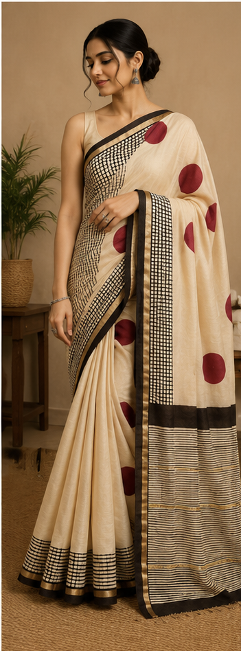 Pure Red Polka Block Print Chanderi Silk Saree