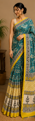 Pure Teal Blue Block Print Chanderi Silk Saree