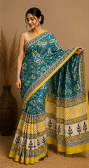 Pure Teal Blue Block Print Chanderi Silk Saree