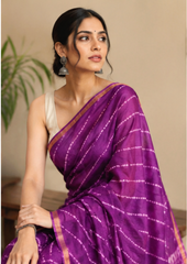 Pure Plum Purple Block Print Chanderi Silk Saree