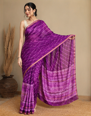 Pure Plum Purple Block Print Chanderi Silk Saree
