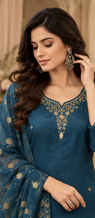 Women Premium Peacock Blue Roman Silk Jacqaurd Butti Kurta Pant and Dupatta set