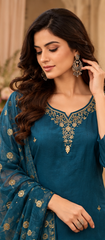 Women Premium Peacock Blue Roman Silk Jacqaurd Butti Kurta Pant and Dupatta set