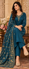 Women Premium Peacock Blue Roman Silk Jacqaurd Butti Kurta Pant and Dupatta set