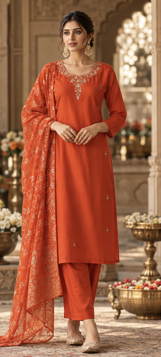 Women Premium Rust Roman Silk Jacqaurd Butti Kurta Pant and Dupatta set