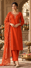 Women Premium Rust Roman Silk Jacqaurd Butti Kurta Pant and Dupatta set