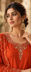 Women Premium Rust Roman Silk Jacqaurd Butti Kurta Pant and Dupatta set