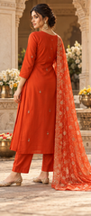 Women Premium Rust Roman Silk Jacqaurd Butti Kurta Pant and Dupatta set