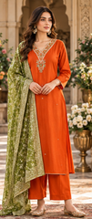 Women Premium Rust Tone Roman Silk Jacquard Chunni Kurta Pant and Dupatta set