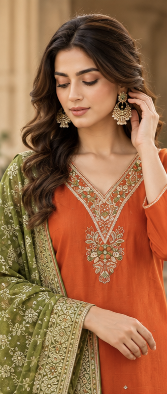 Women Premium Rust Tone Roman Silk Jacquard Chunni Kurta Pant and Dupatta set
