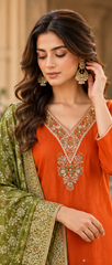 Women Premium Rust Tone Roman Silk Jacquard Chunni Kurta Pant and Dupatta set